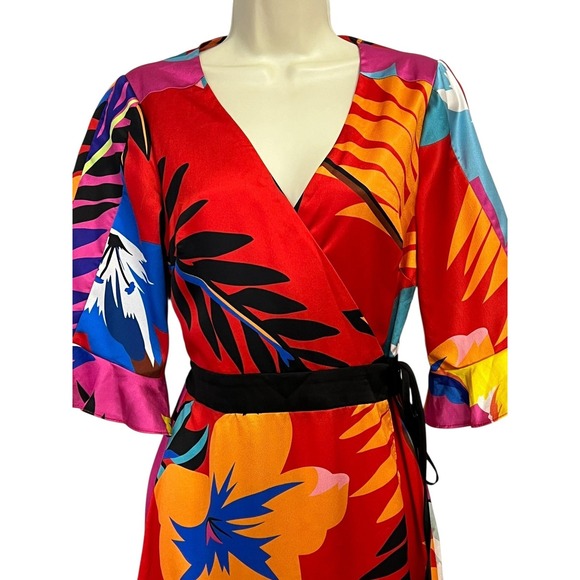 Liquorish Dress Womens US 6 Red Multicolor Wrap Midi Ruffle Sleeves Tropical - Picture 5 of 13